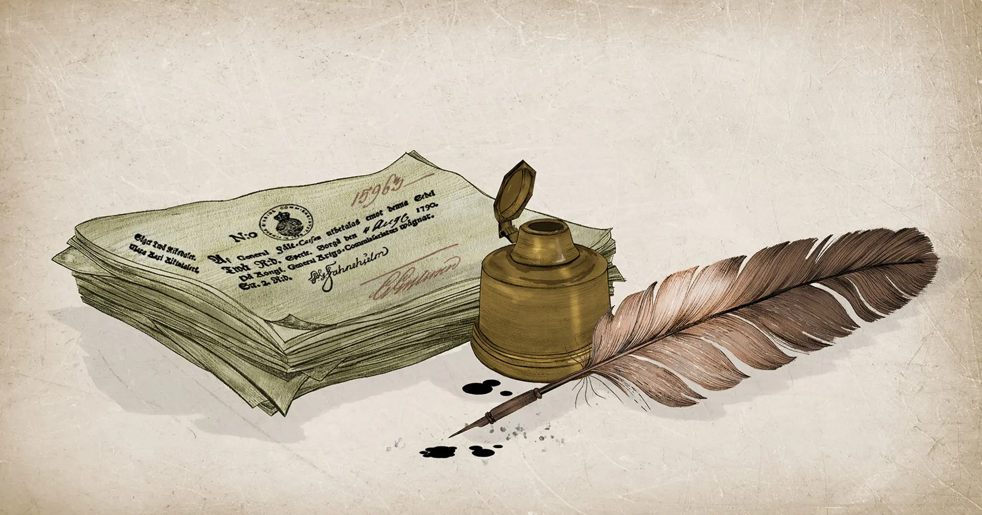 En bunt reverser, ett bläckhorn samt en fjäderpenna