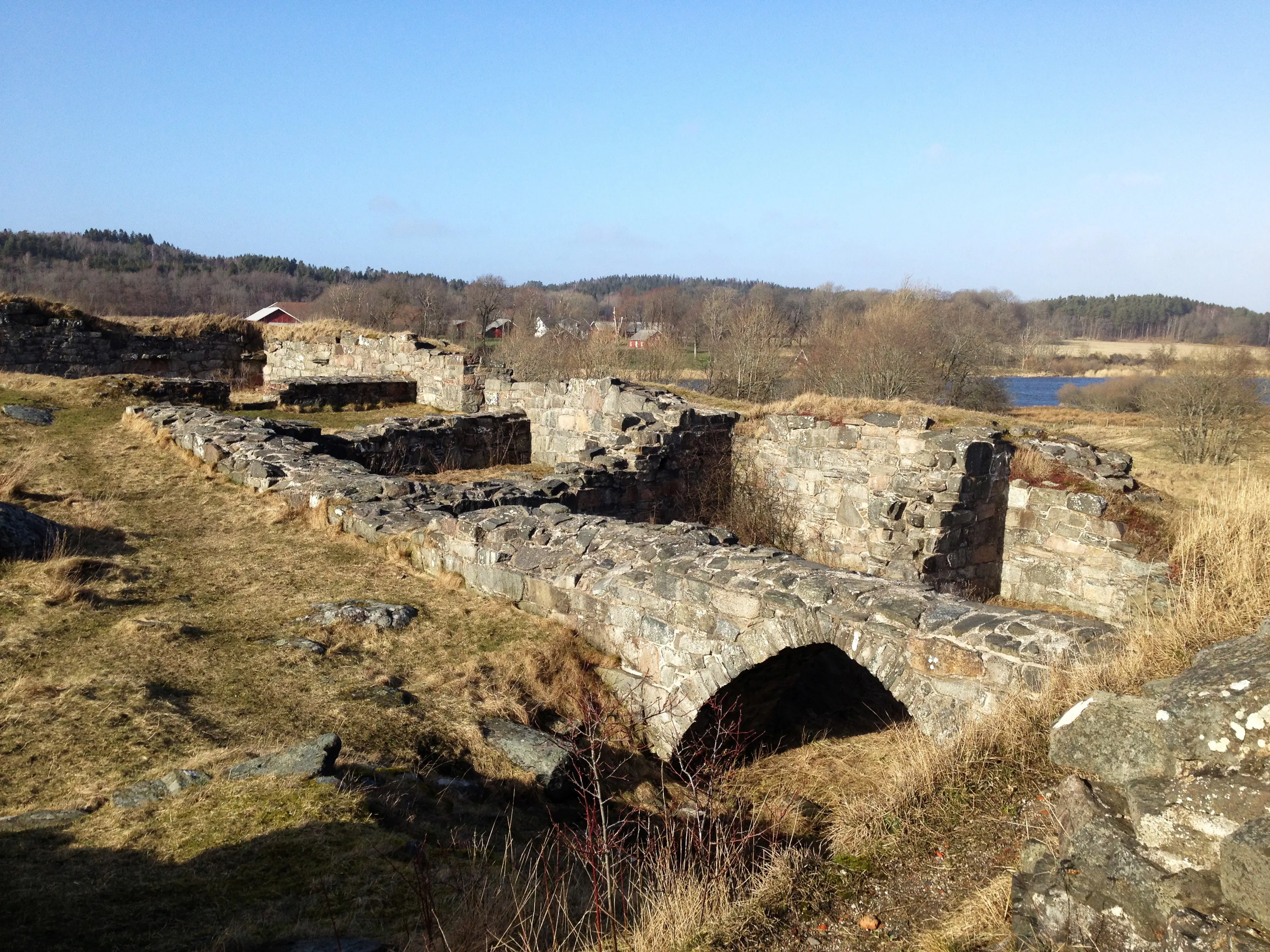 Ragnhildsholmens borgruin. Gräsbevuxna rester av stenmurar och valv.