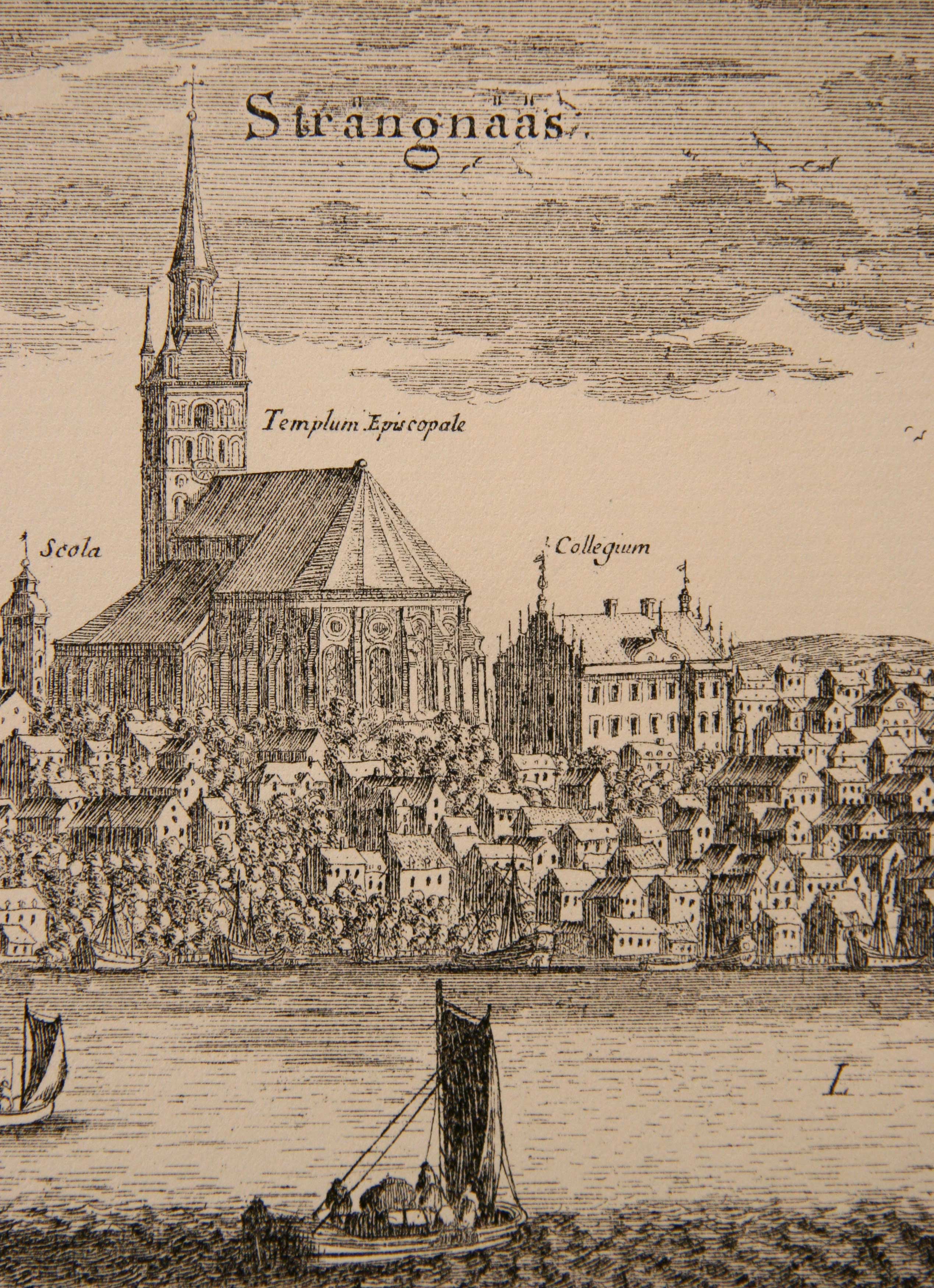 Beskuren bild av Strängnäs ur Suecia Antiqua