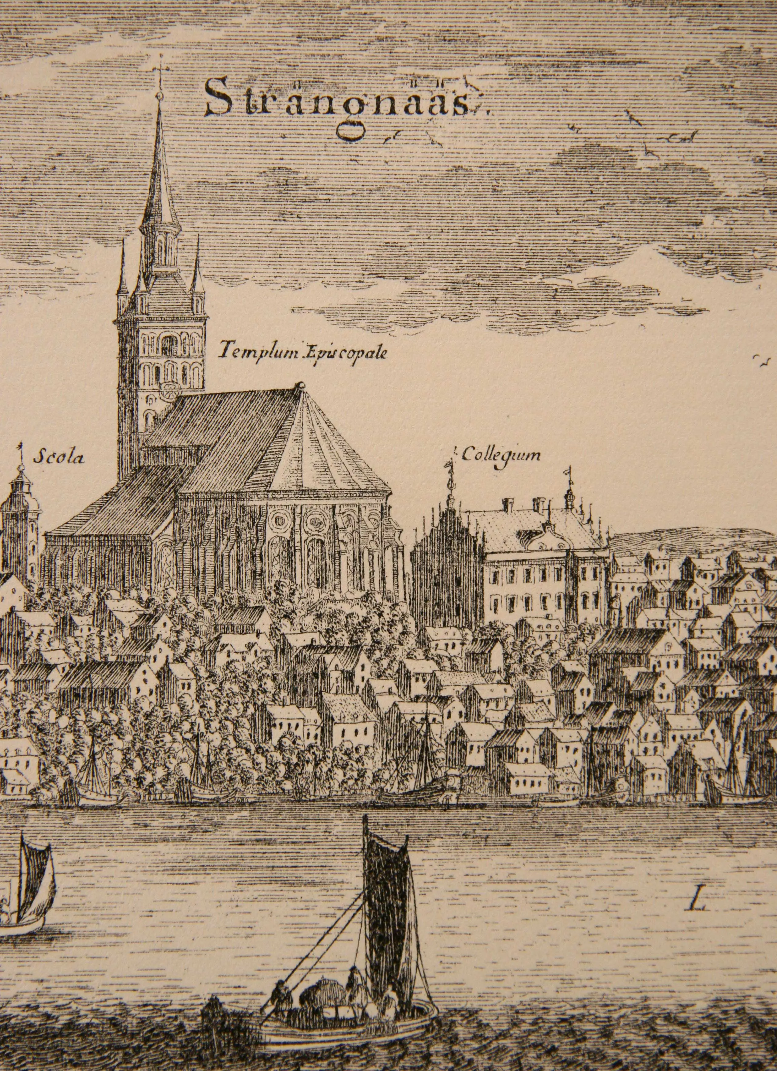 Beskuren bild av Strängnäs ur Suecia Antiqua