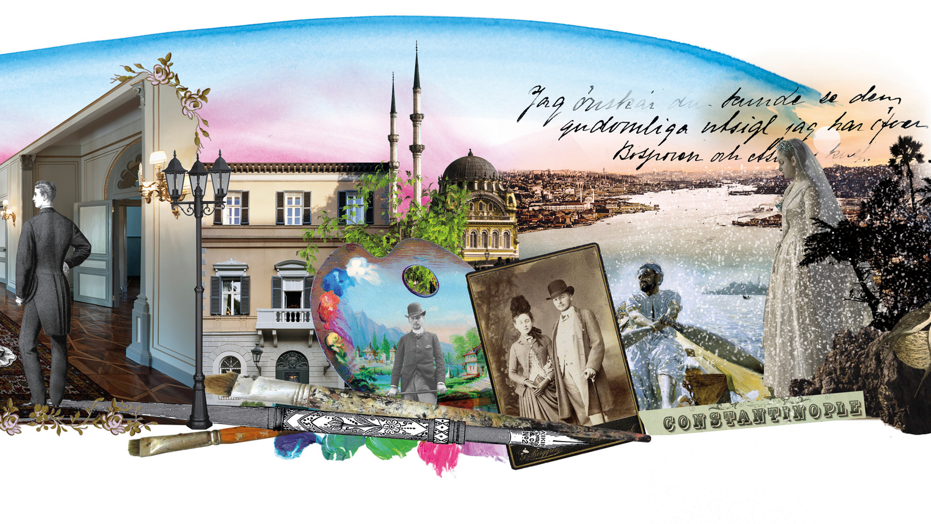 Collage likt ett gammalt fotoalbum med bilder på paret Zorn och svenska ambassaden i Istanbul samt bilder på staden
