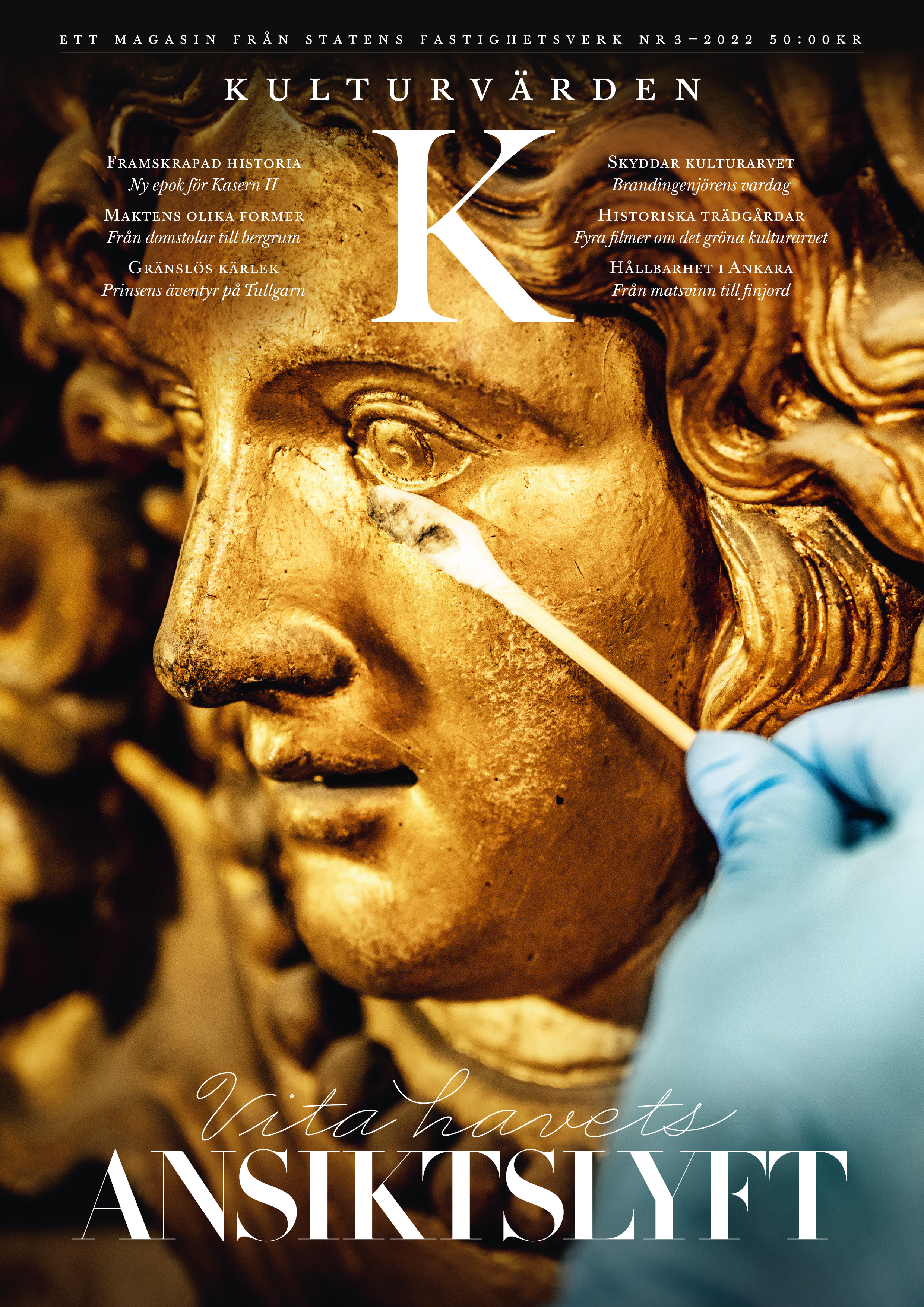 Omslag till Kulturvärden nr 3, 2022. Guldansikte rengörs med hemmagjord tops.