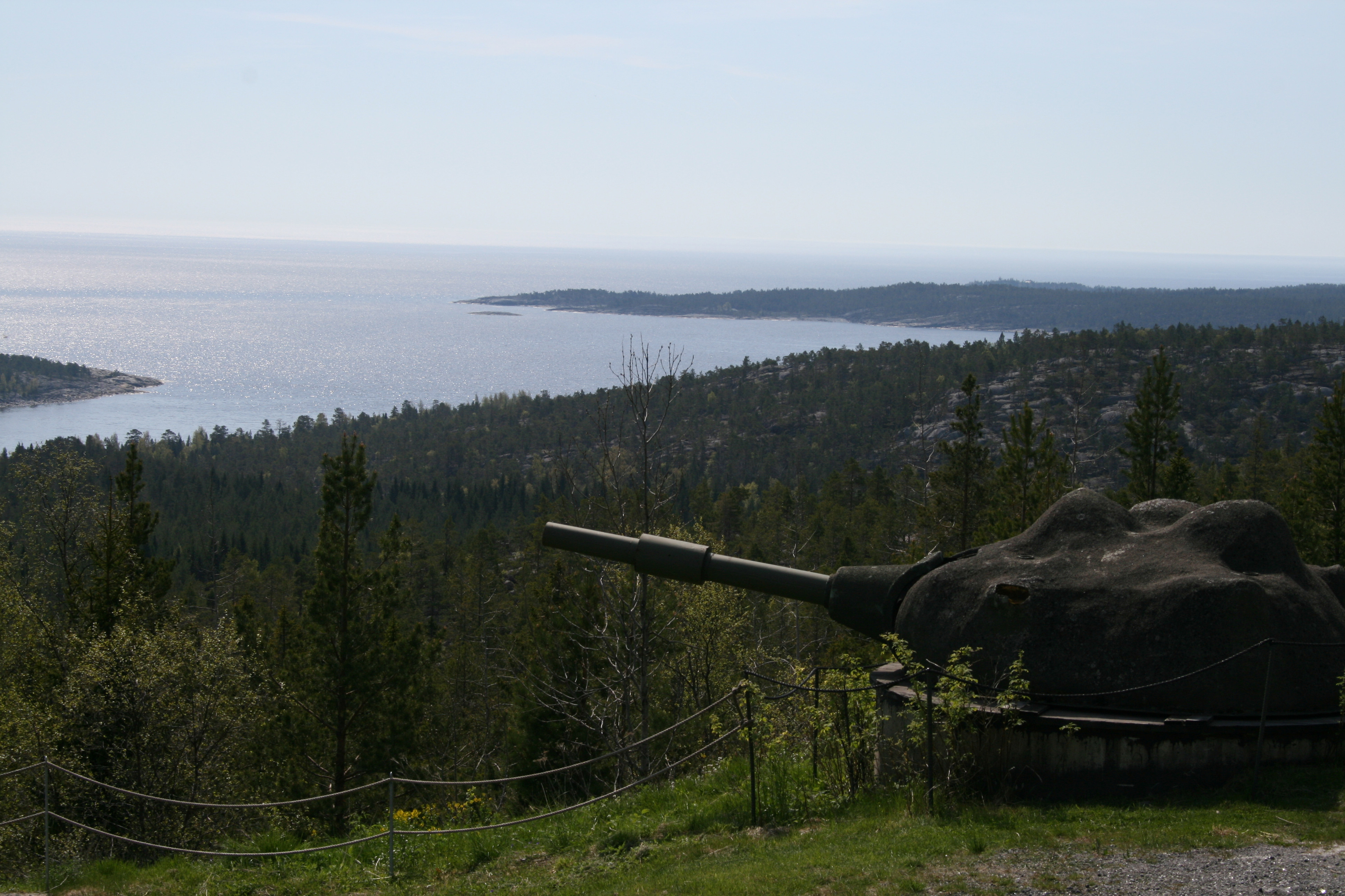 Hemsö fästning. Kanon på toppen av en skogbevuxen höjd. Vy mot Utanöjärden och Bottenhavet.