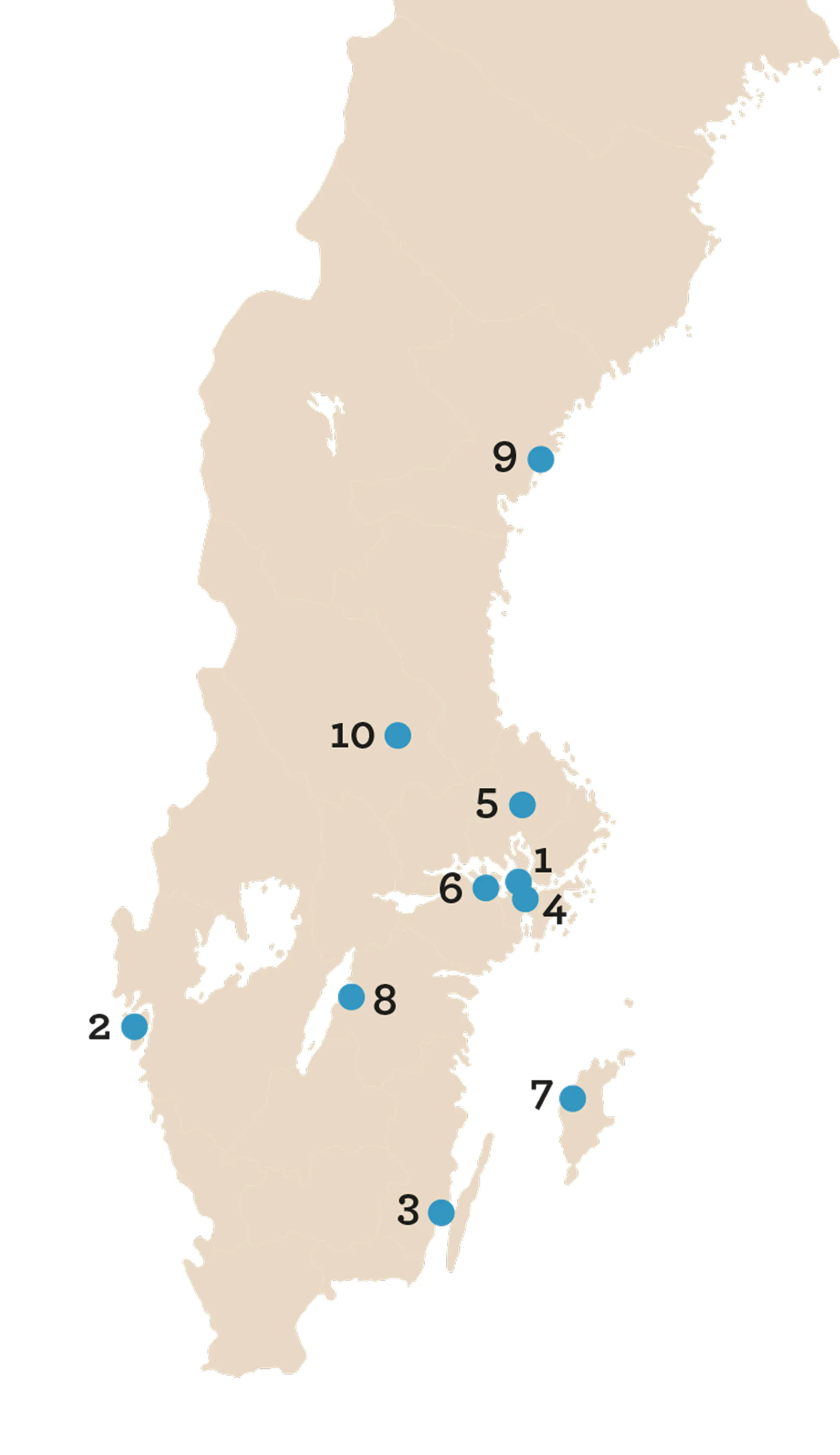 Sverigekarta med tio numrerade prickar.