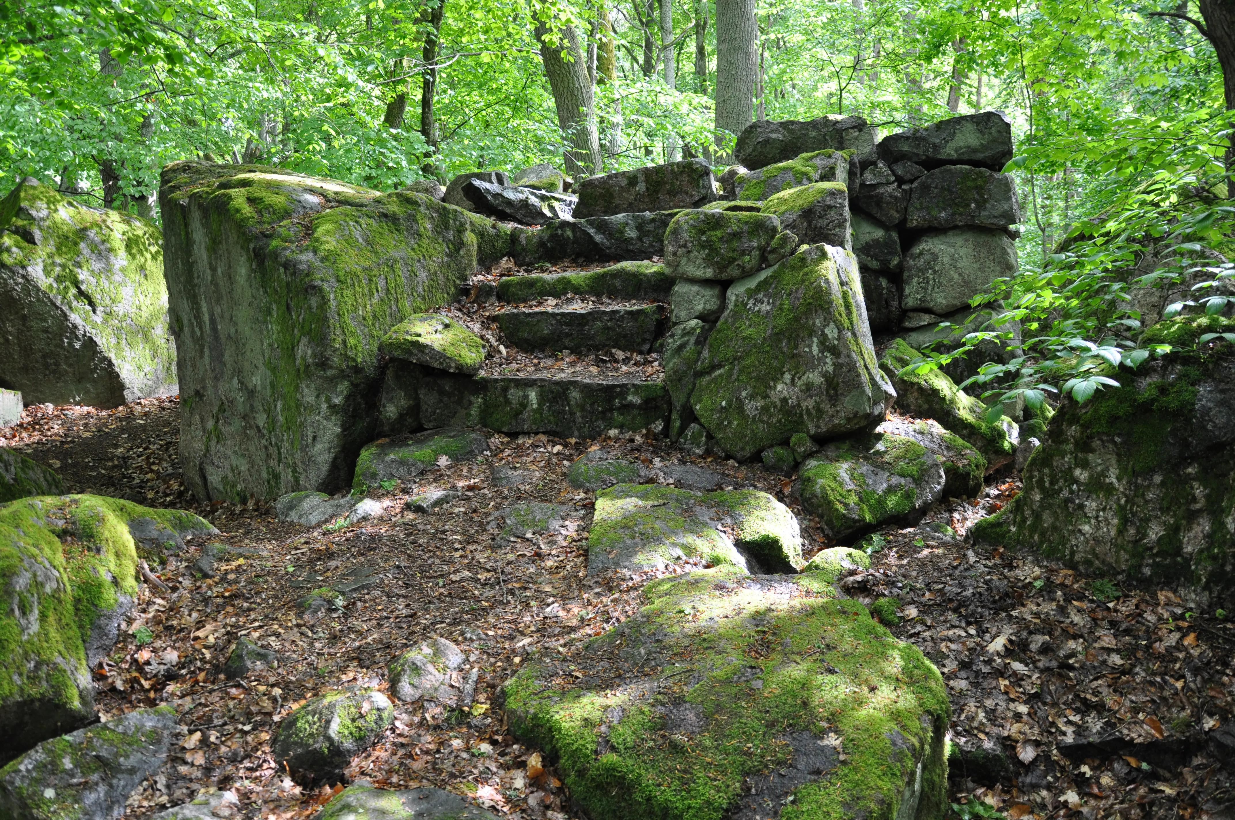 Termopilis. En falsk stenruin i grönskande lövskog. Stenarna är bevuxna med mossa.