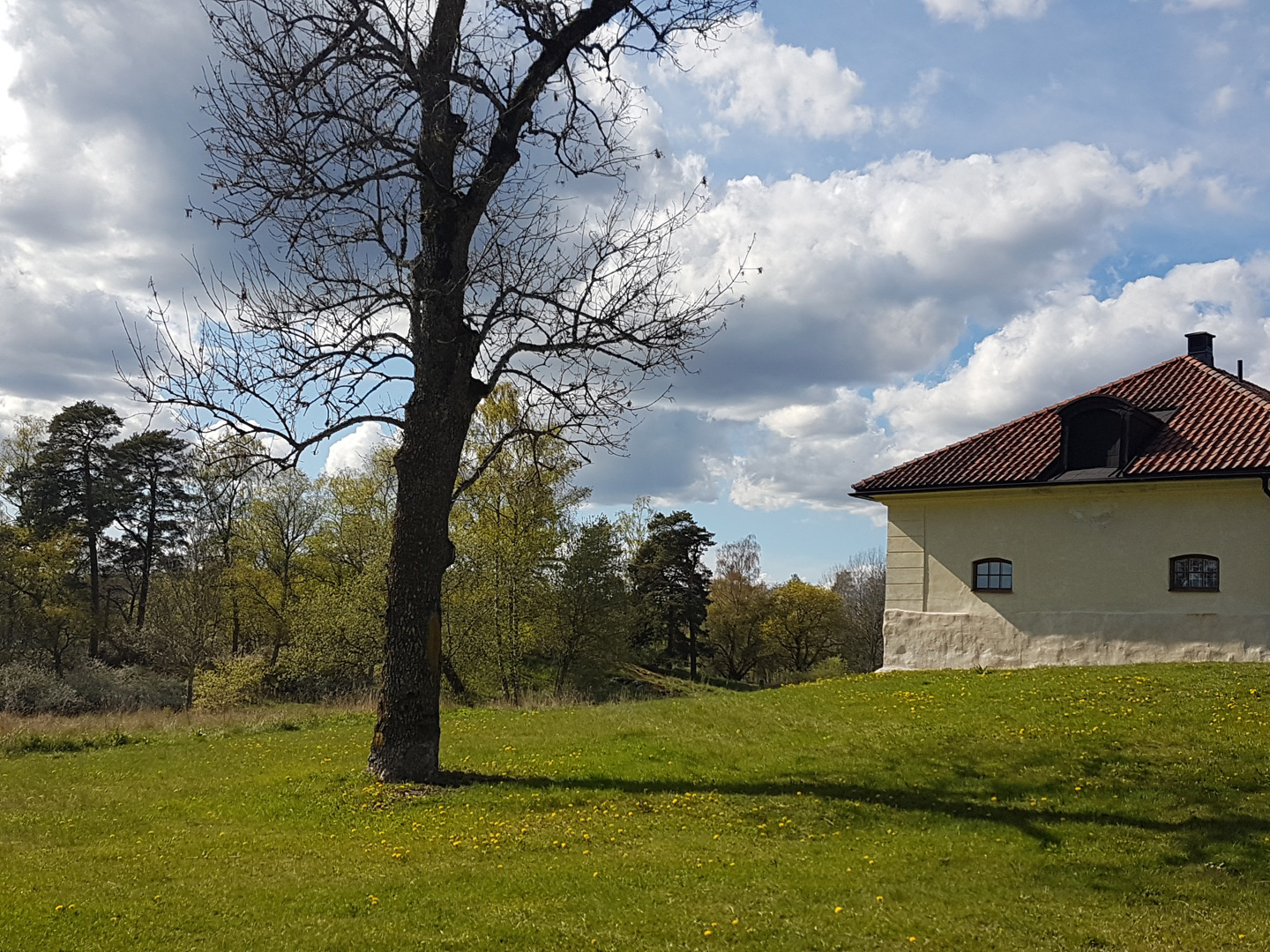 Stallet på Rosersbergs kungsgård. En byggnad i ljust gul puts med röda tegelpannor. Den omges av gräs och blandskog.