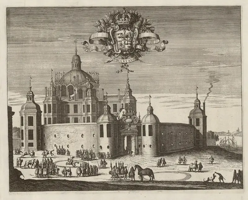En etsning från 1669 ur Suecia Antiqua et hodierna ”Det dåtida och nutida Sverige” av det forna renässansslottet Svartsjö.