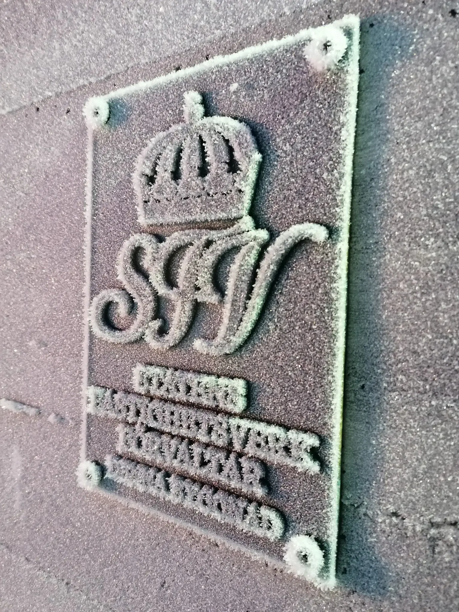 Närbild på plakett med Statens fastighetsverks emblem täckt av rimfrost.