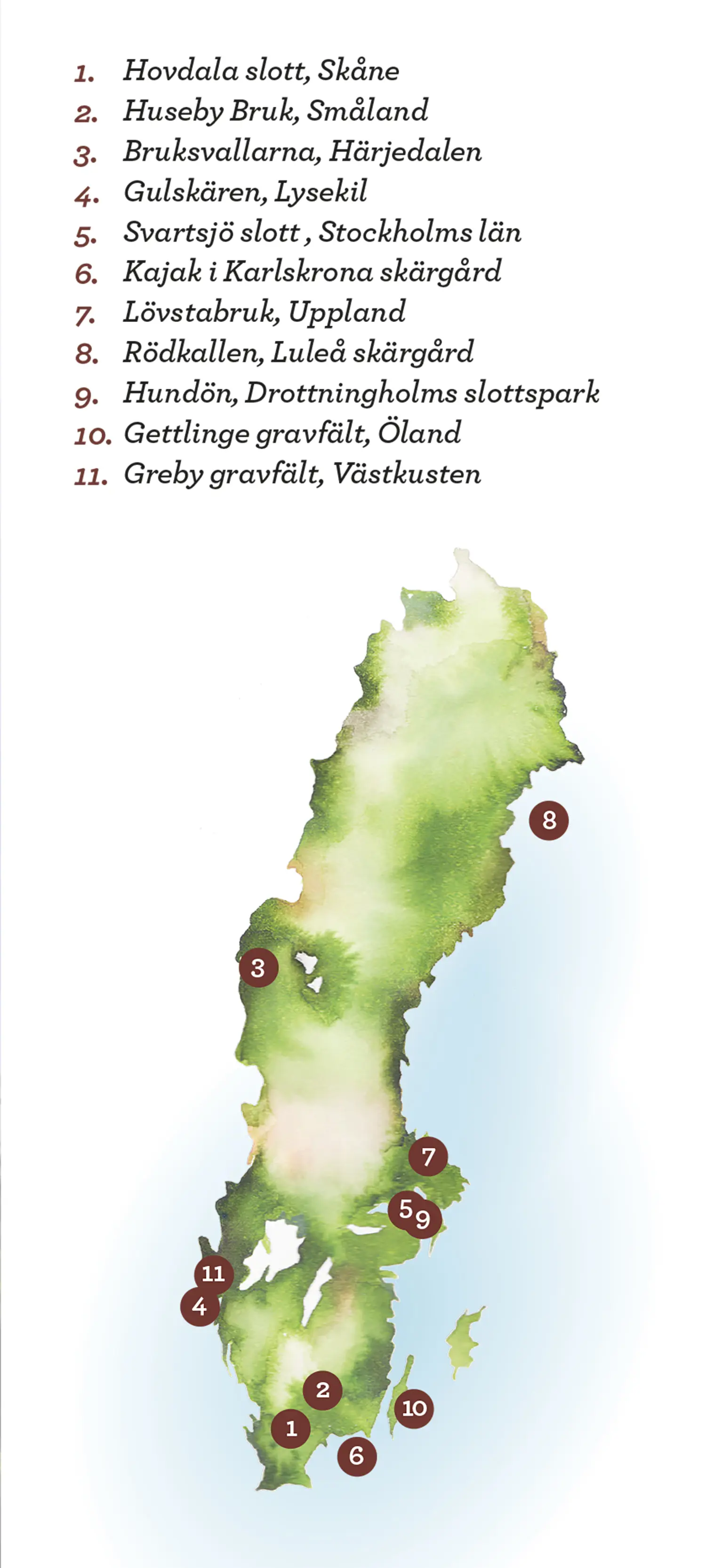 Enkel Sverigekarta med markeringar för sommartips 2021.