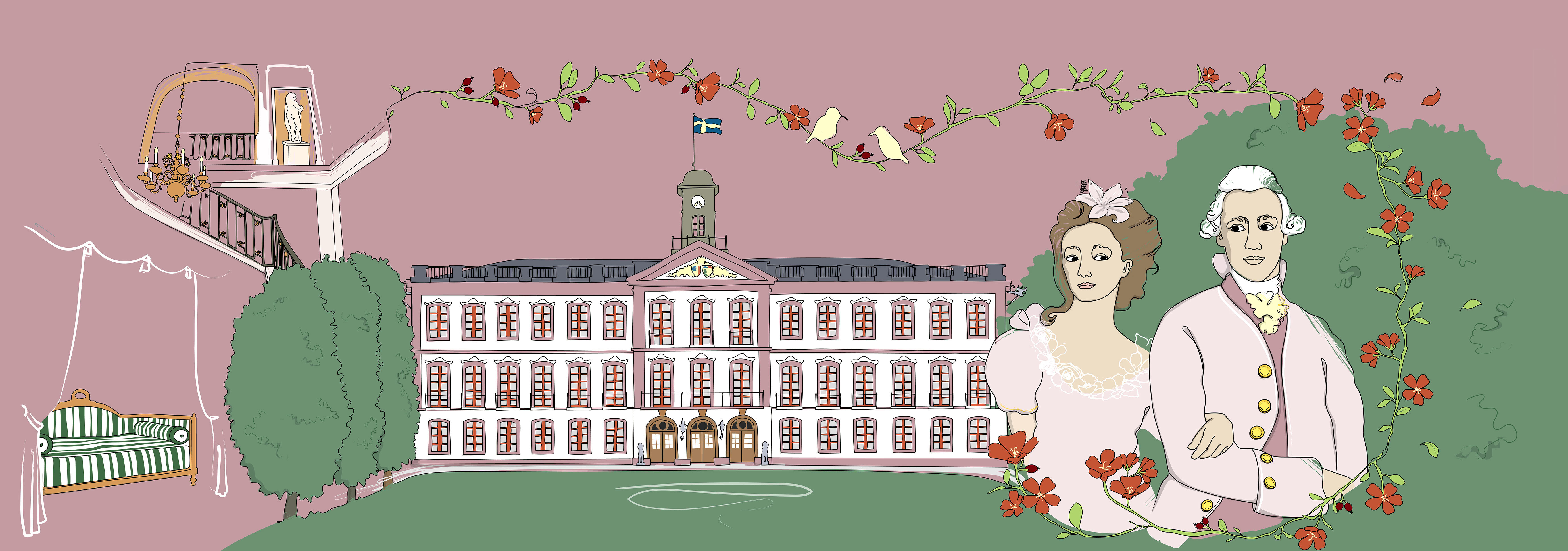 Illustration av Tullgarns slott, prins Fredrik Adolf och hans älskarinna Sophie Hagman