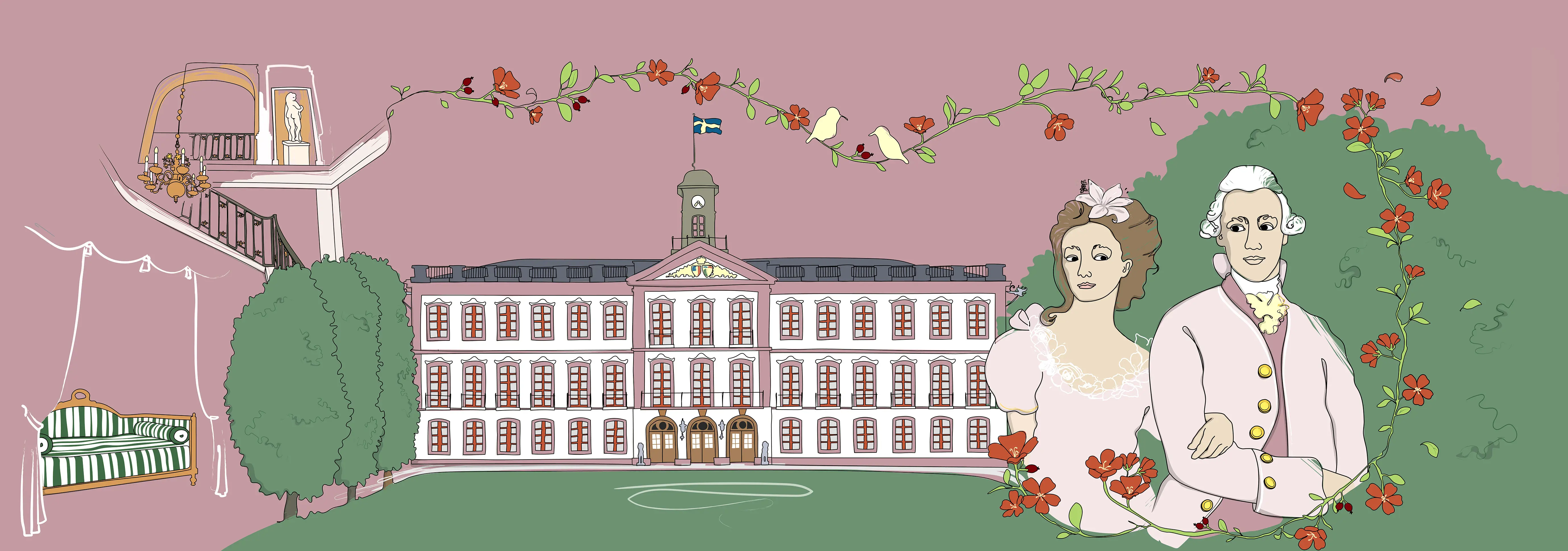 Illustration av Tullgarns slott, prins Fredrik Adolf och hans älskarinna Sophie Hagman