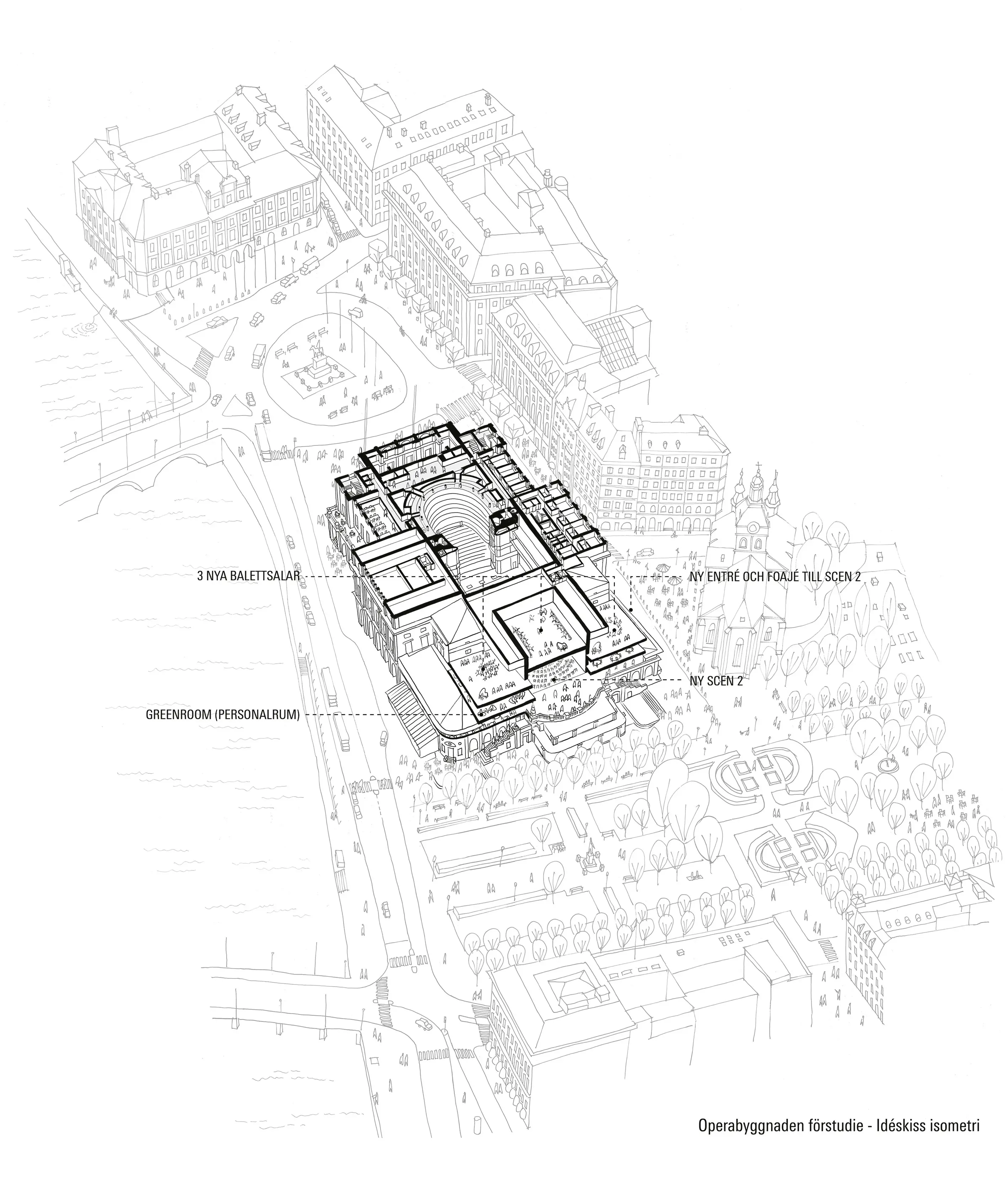 Förstudie av Operabyggnaden, idéskiss isometri.