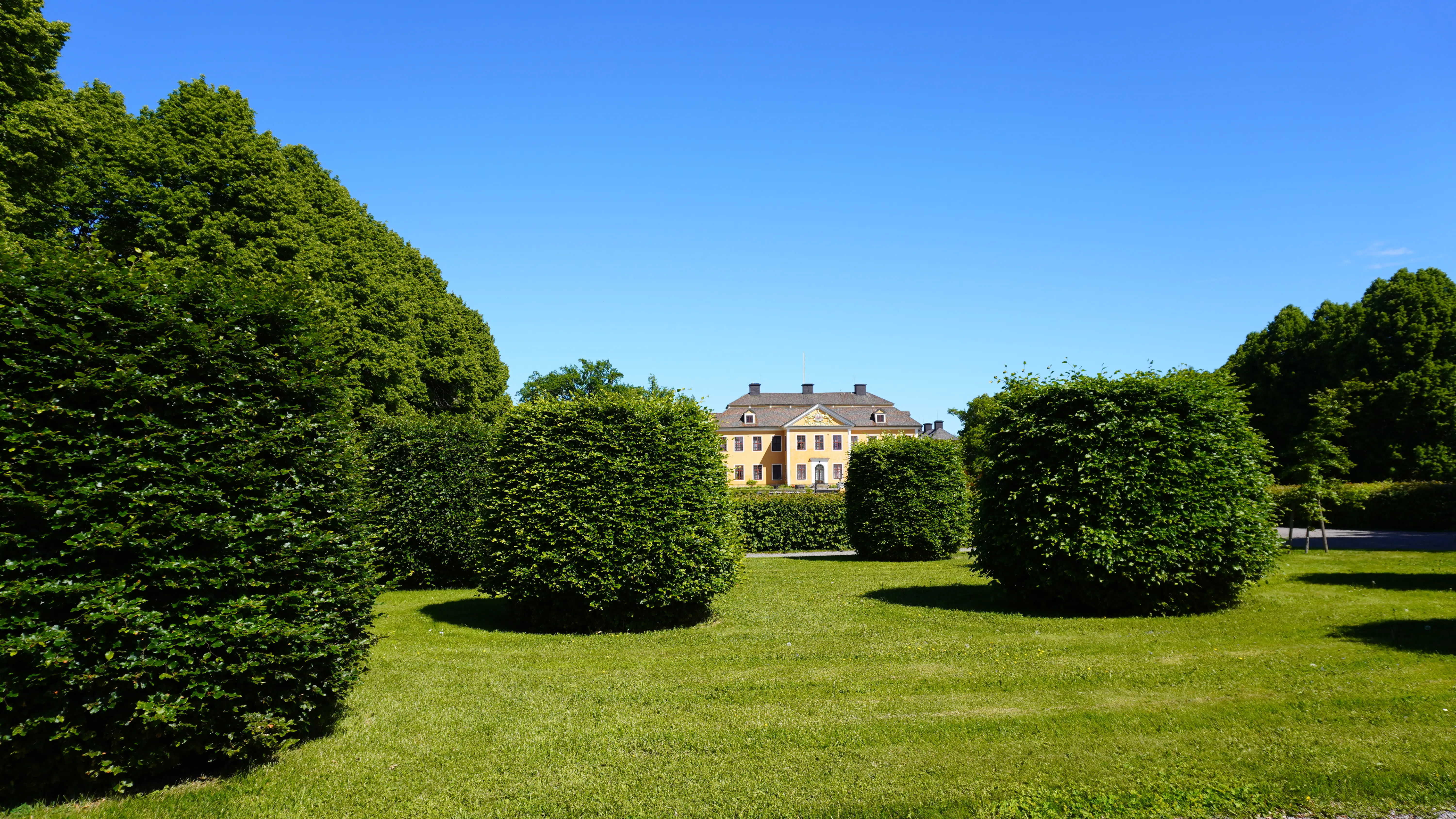 Lövstabruk. Barockparken med formklippta avenbokar. Bortanför de grönskande träden och gräsmattorna skymta herrgården.