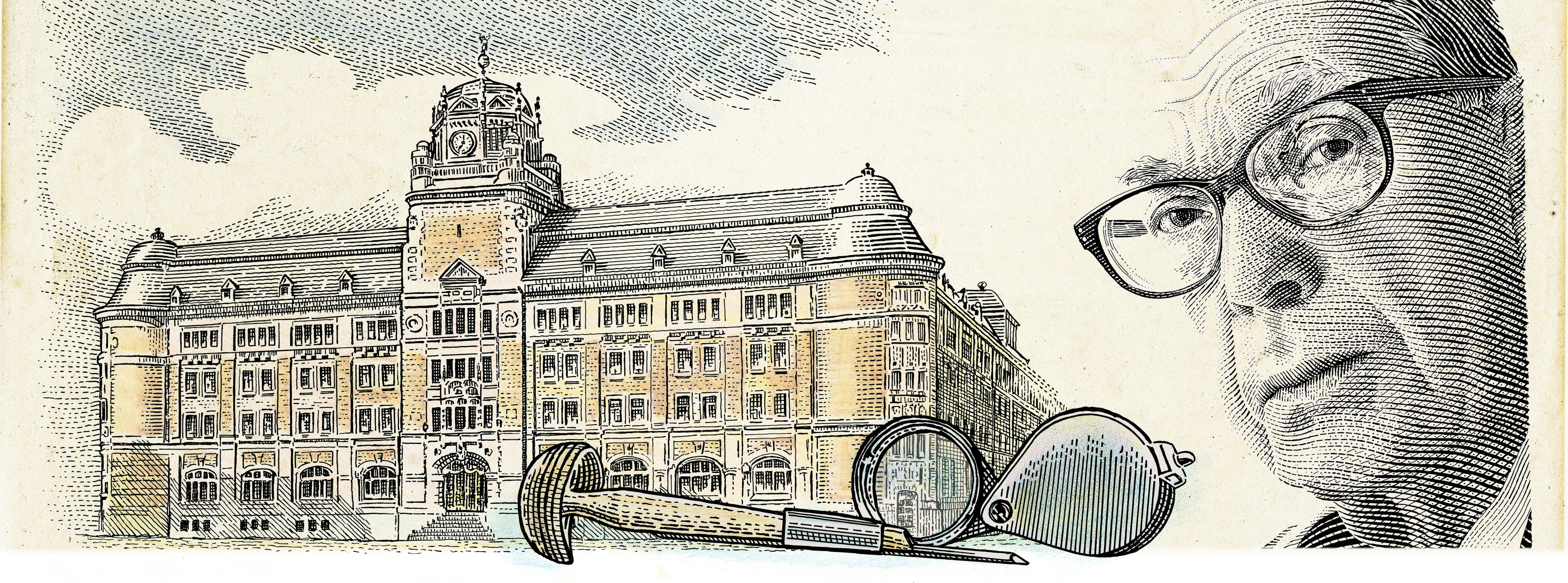 Illustration av frimärksgravör Czeslav Slania och centralposthuset i Stockholm