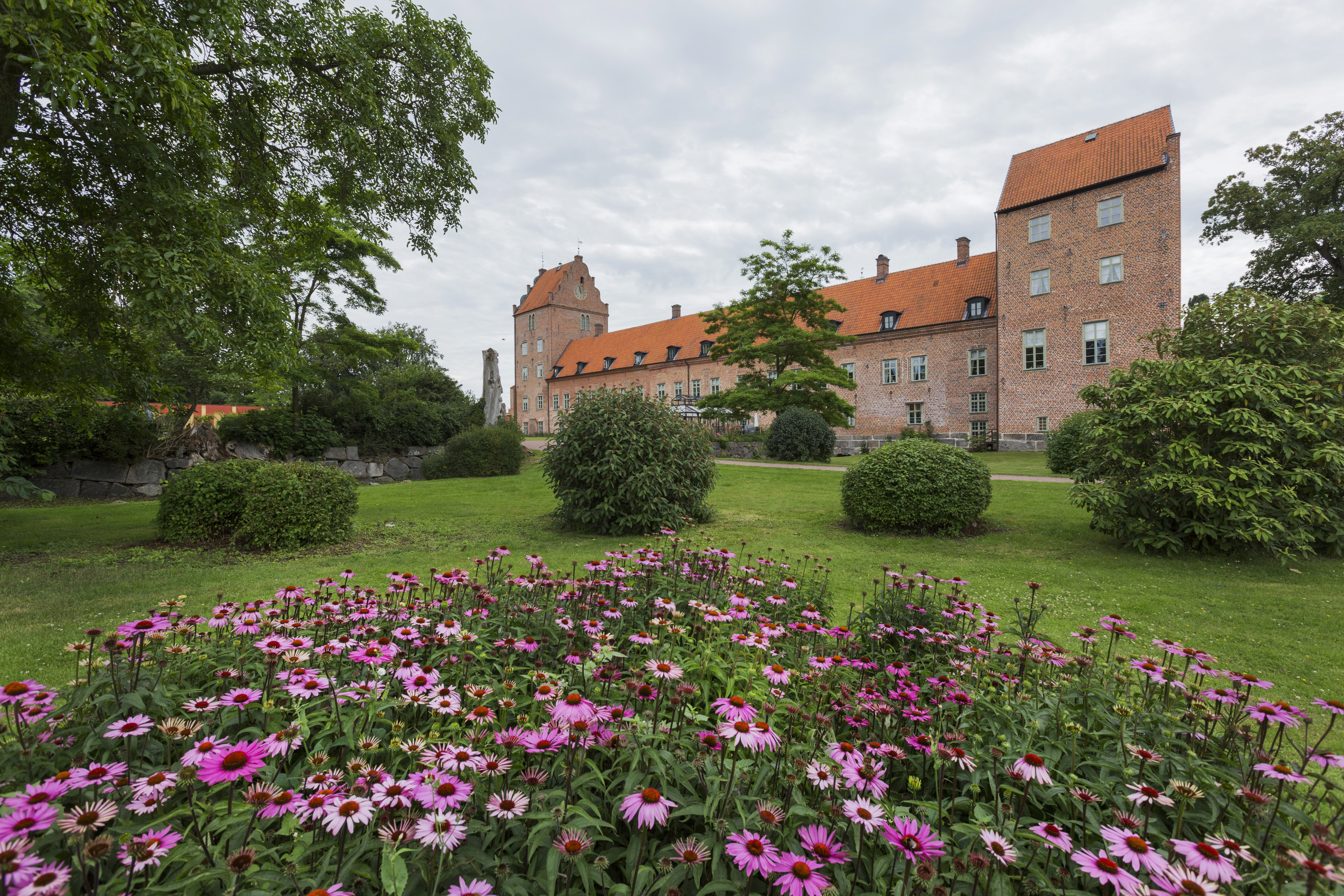 Bäckaskogs slott. Fasad mot parken. I förgrunden en plantering med röd solhatt. Sommar och grönska.