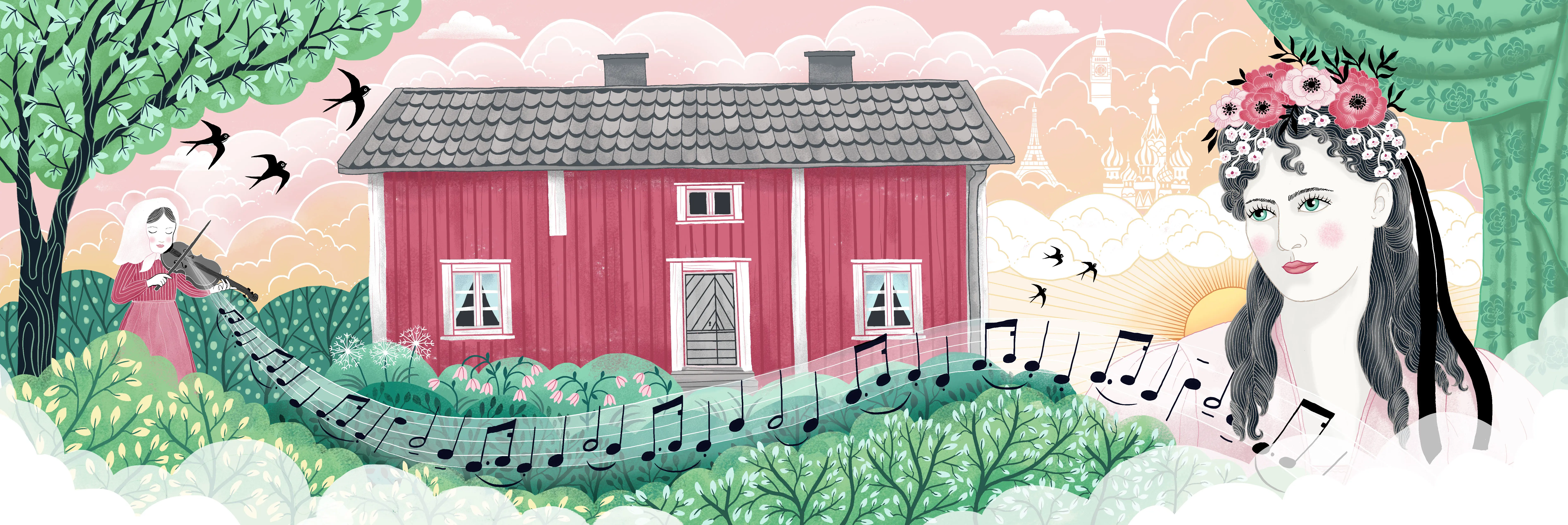 Illustration med hovsångerskan Christina Nilsson vid Snugge-torpet.