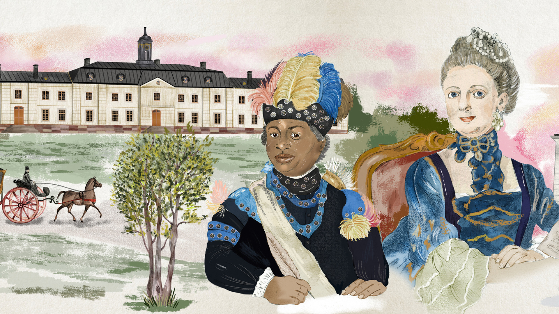 Illustration med Svartsjö slott i bakgrunden. I förgrunden en mörkhyad man i sina kläder med fjädrar. Brevid honom drottningen i blå 1700-talsklänning.