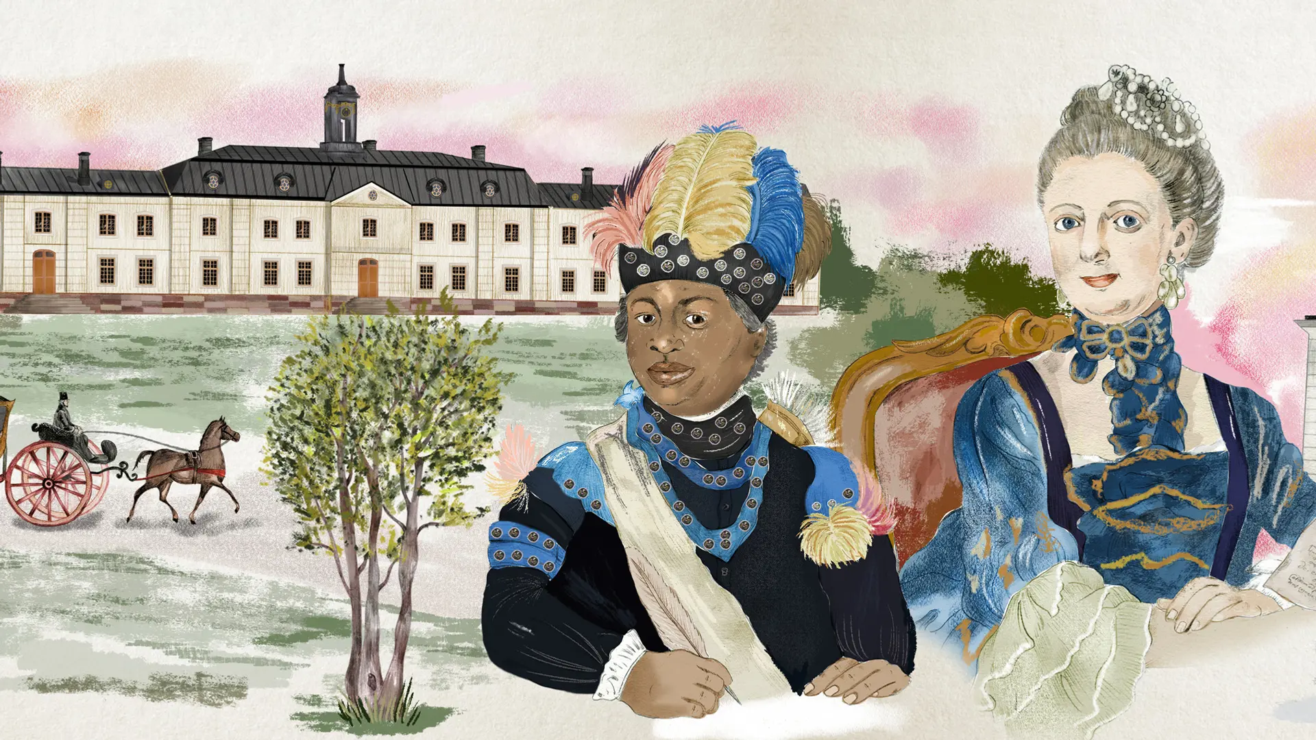 Illustration med Svartsjö slott i bakgrunden. I förgrunden en mörkhyad man i sina kläder med fjädrar. Brevid honom drottningen i blå 1700-talsklänning.