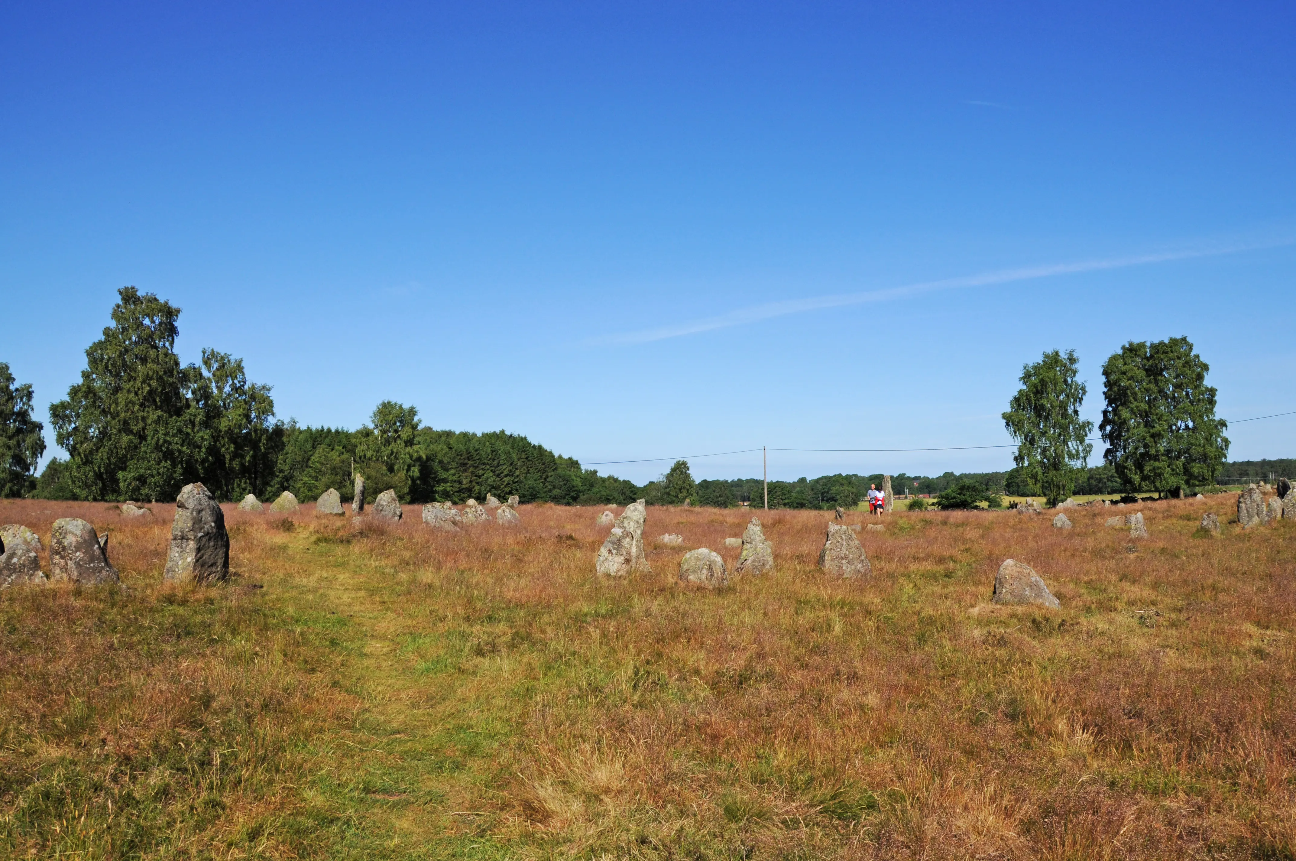 Vätteryds gravfält, med flera stora stensättningar och resta stenar, inramat av grönskande träd.