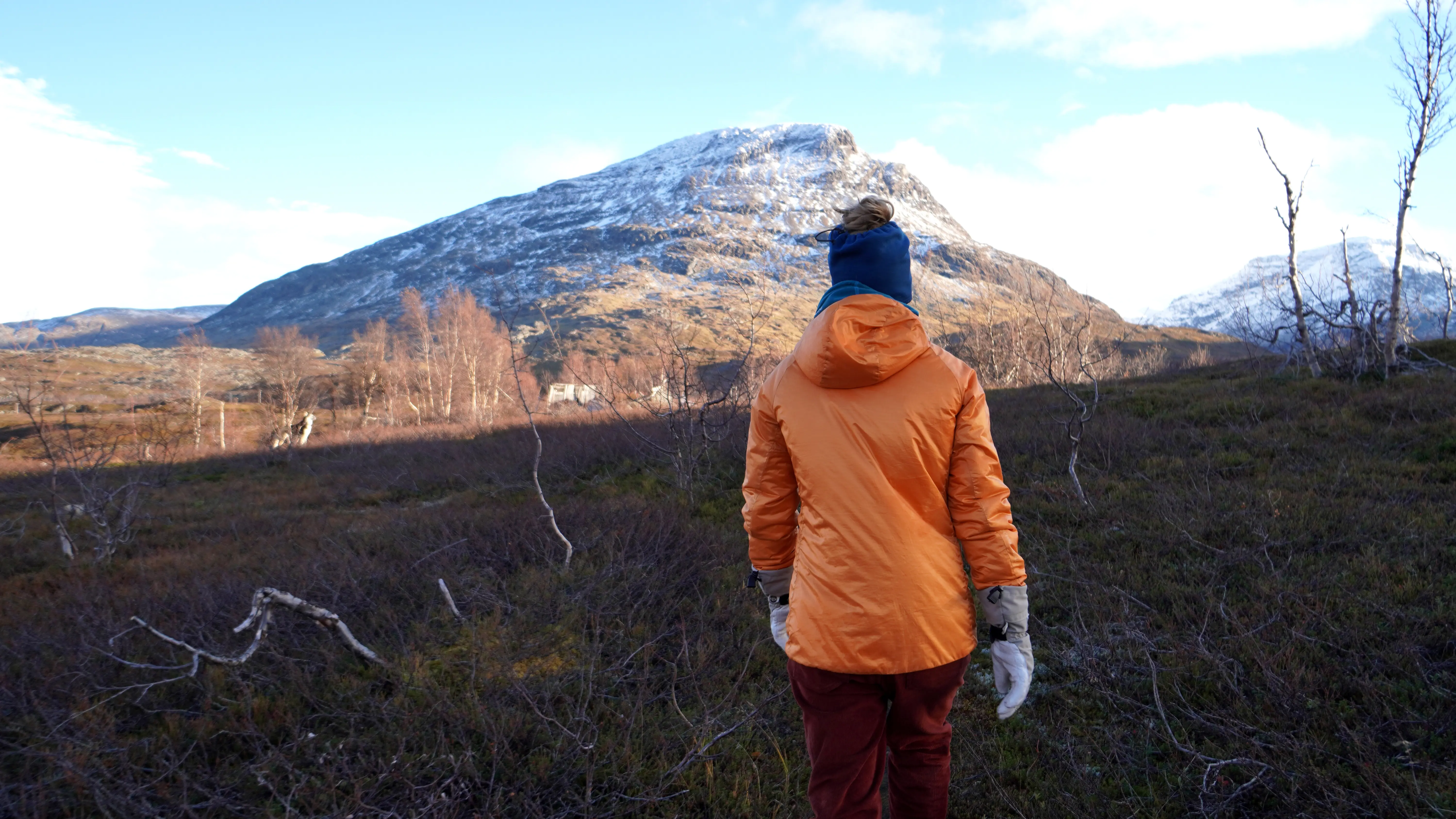 Ryggtavlan på en person med orange jacka som går i ett fjällandskap. I bakgrunden en snöbeklädd bergstopp.