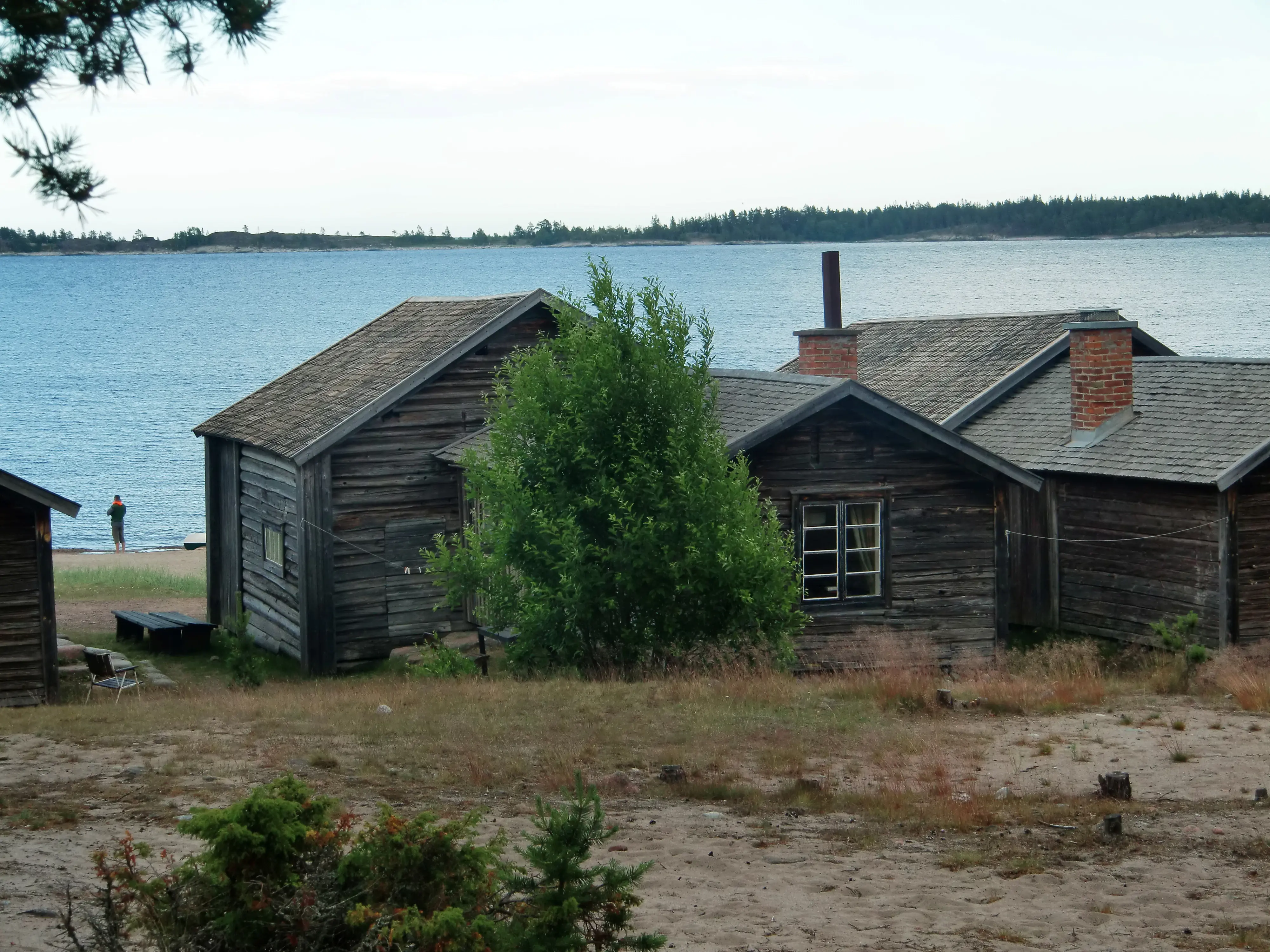 Sandvikens fiskeläge. Små stugor av obehandlat timmer. Vy mot Väster-Vämsingarna. Sommar.