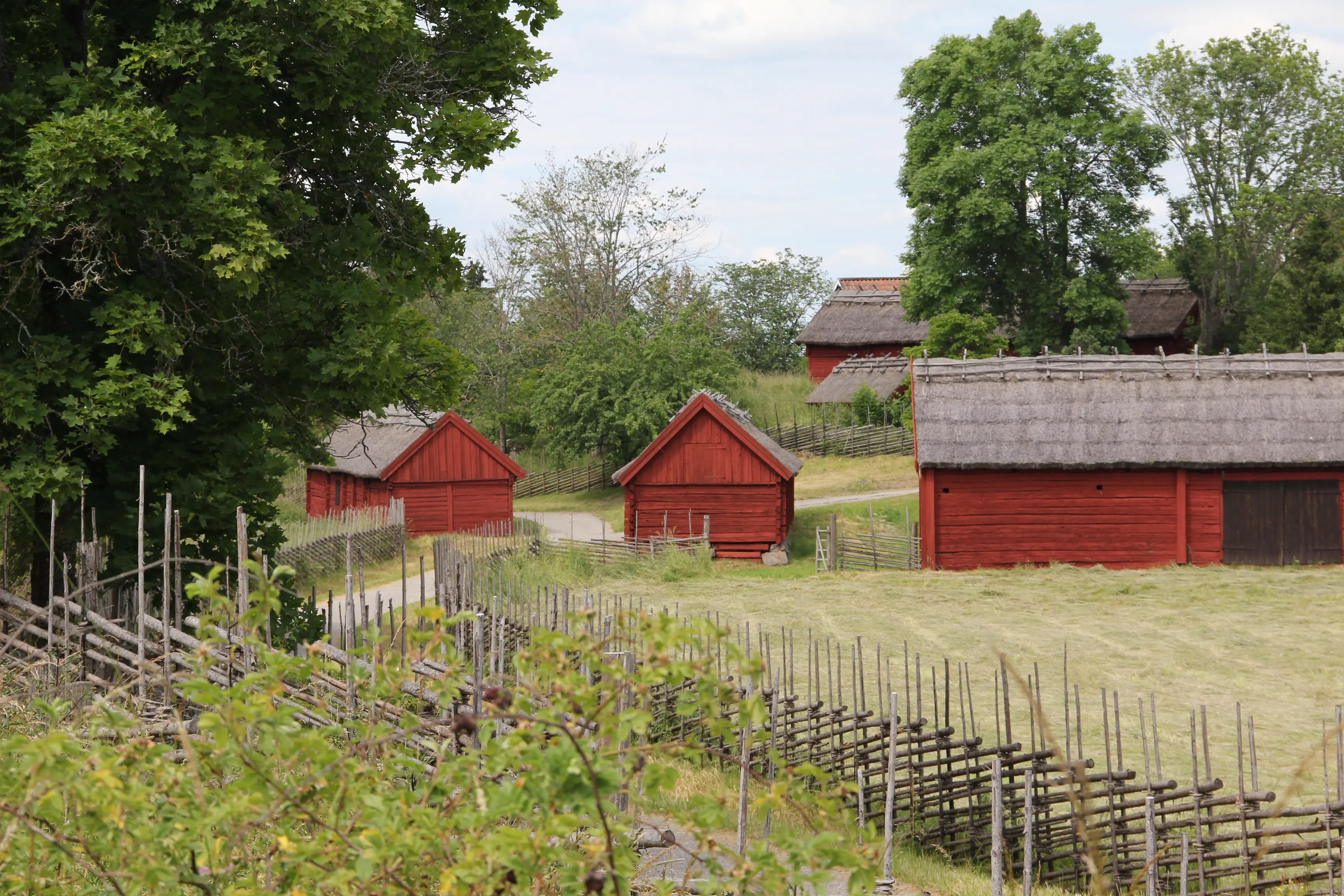 Väg som går mellan röd-målade lador och uthus i Viby by. Längs vägen löper en gärdes-gård