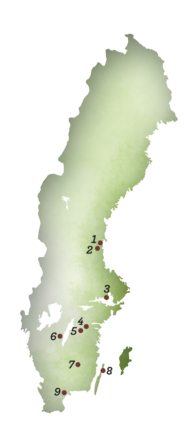 Illustration över Sverige-karta med utmärkta punkter.