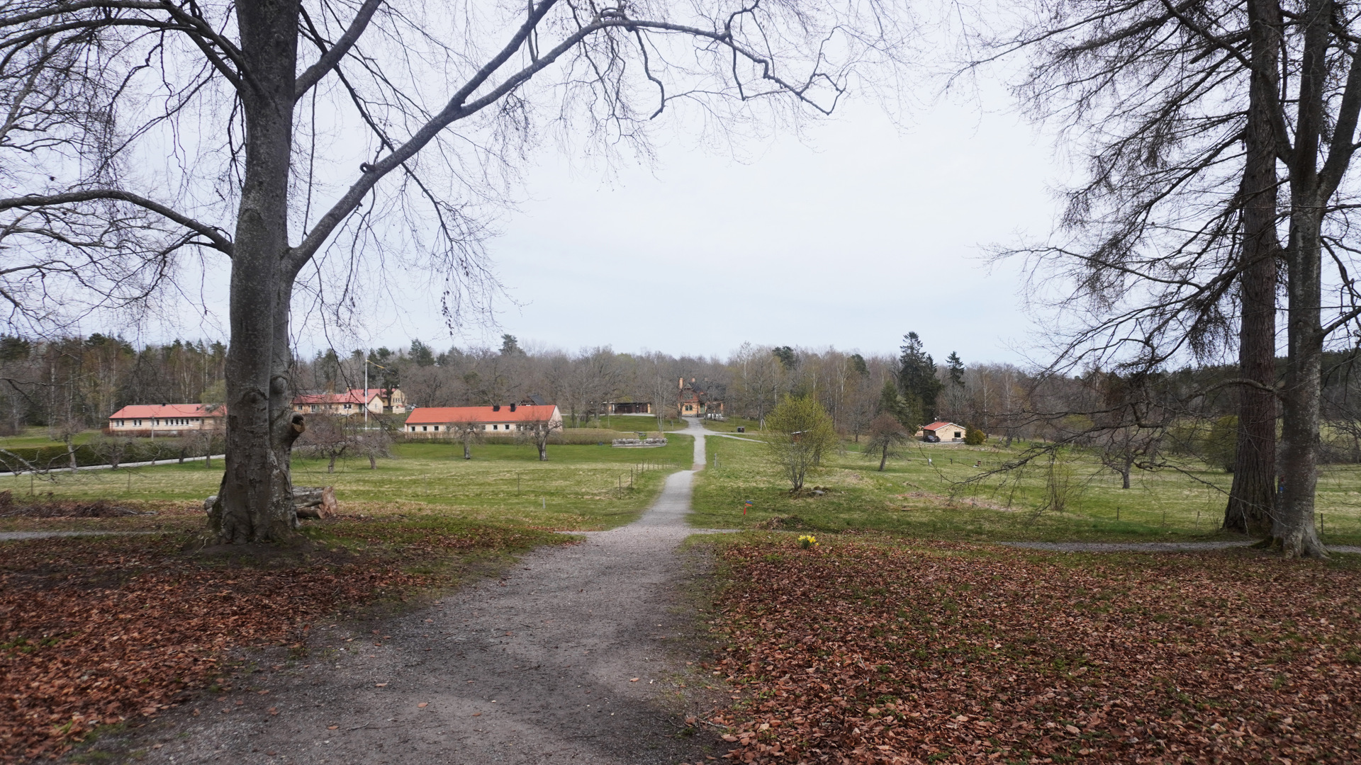 Bogesunds slottspark. Vy längs en gångväg genom parken mot trädgårdsmästarbostaden. Tidig vår.