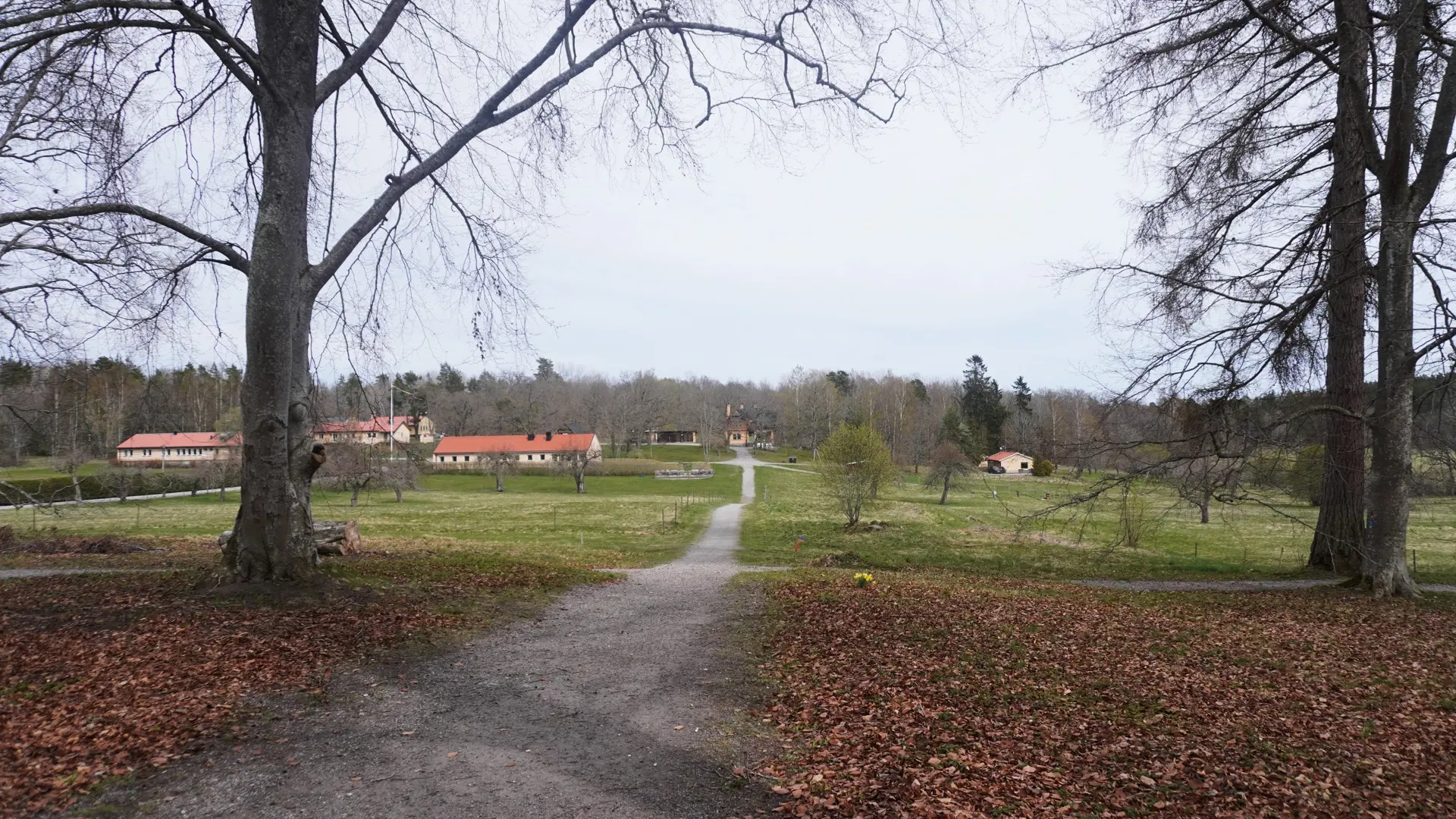 Bogesunds slottspark. Vy längs en gångväg genom parken mot trädgårdsmästarbostaden. Tidig vår.