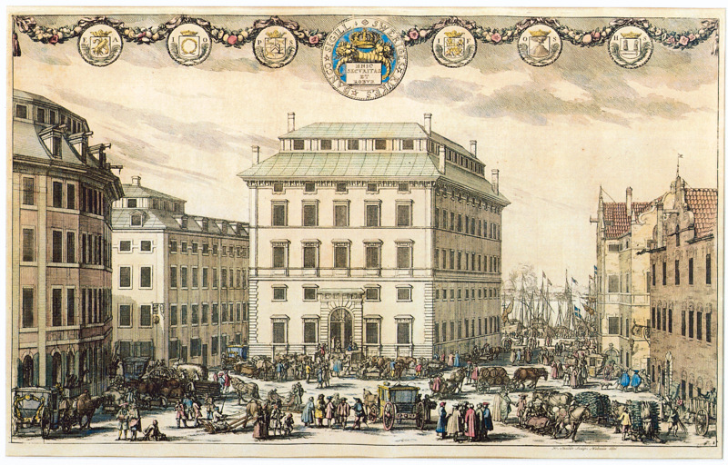 Gammalt kopparstick visar Södra Bankohuset mot Järntorget. På bilden är torget fyllt av diverse figurer i 1600-tals kläder.