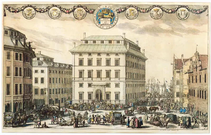 Gammalt kopparstick visar Södra Bankohuset mot Järntorget. På bilden är torget fyllt av diverse figurer i 1600-tals kläder.