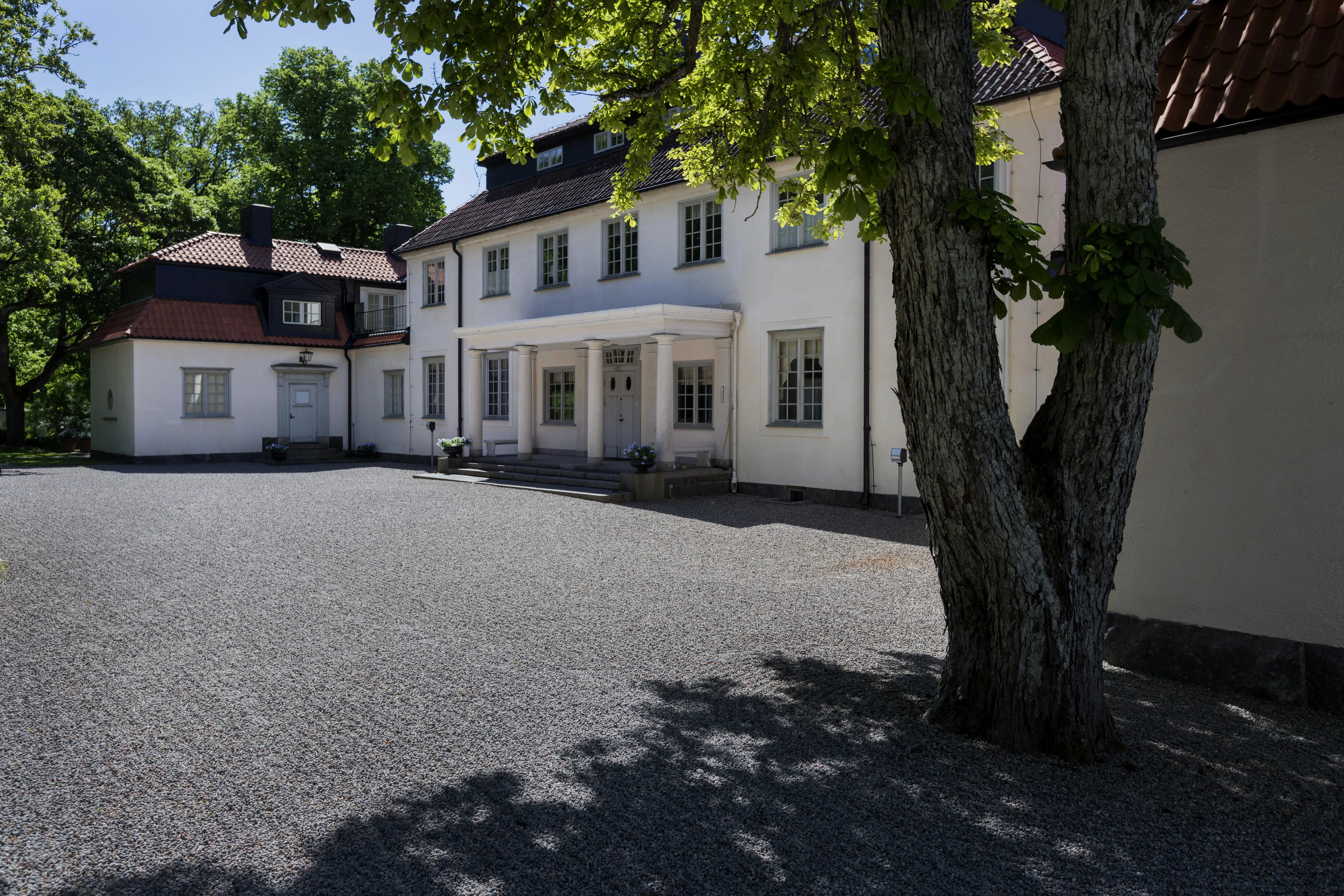 Vit herrgårdsbyggnad med grusad uppfart och ett träd i förgrunden.