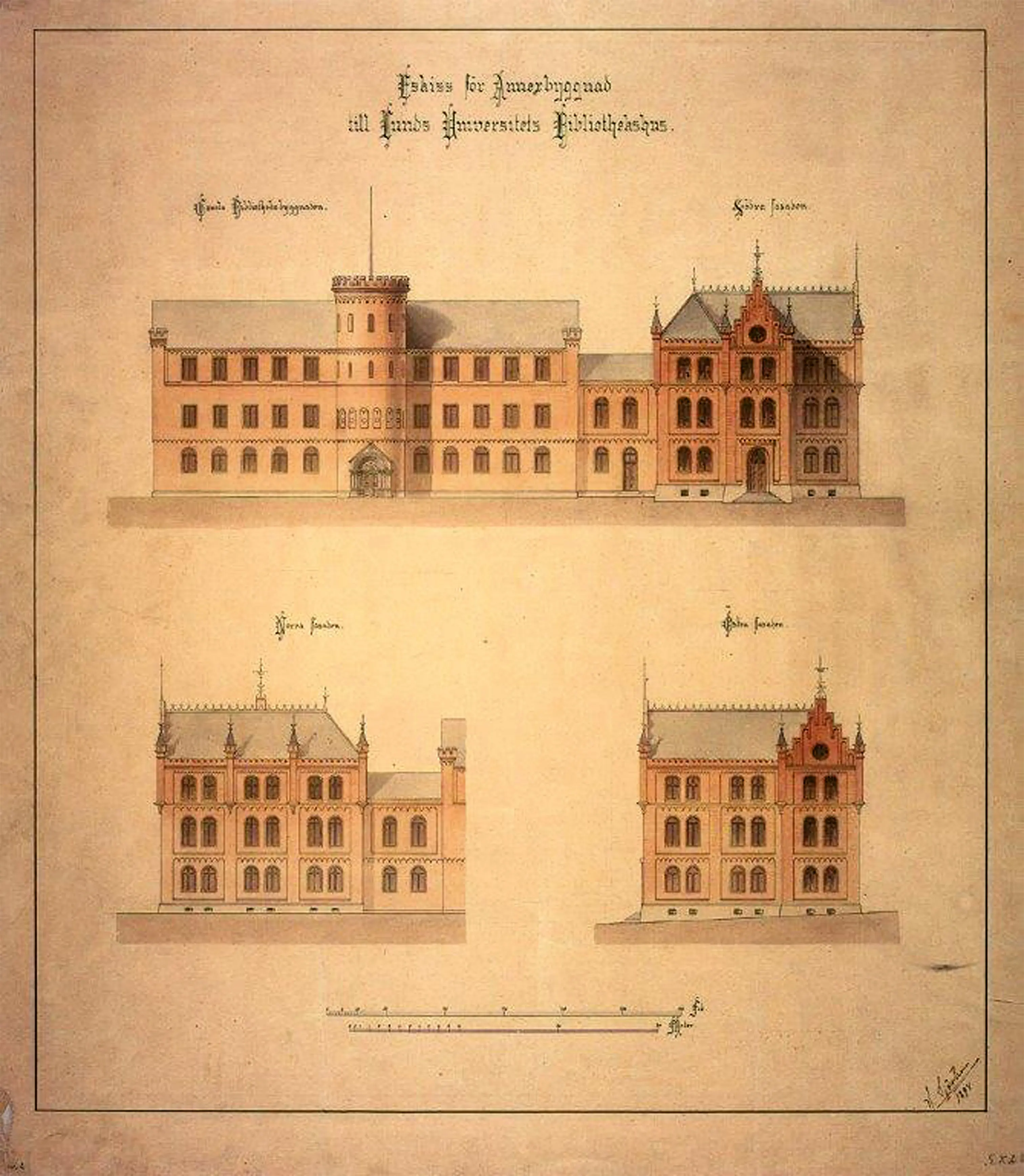 Skiss, som aldrig realiserades, från 1894 till annexbyggnad till Lunds universitets bibliotekshus gamla biblioteksbyggnaden.