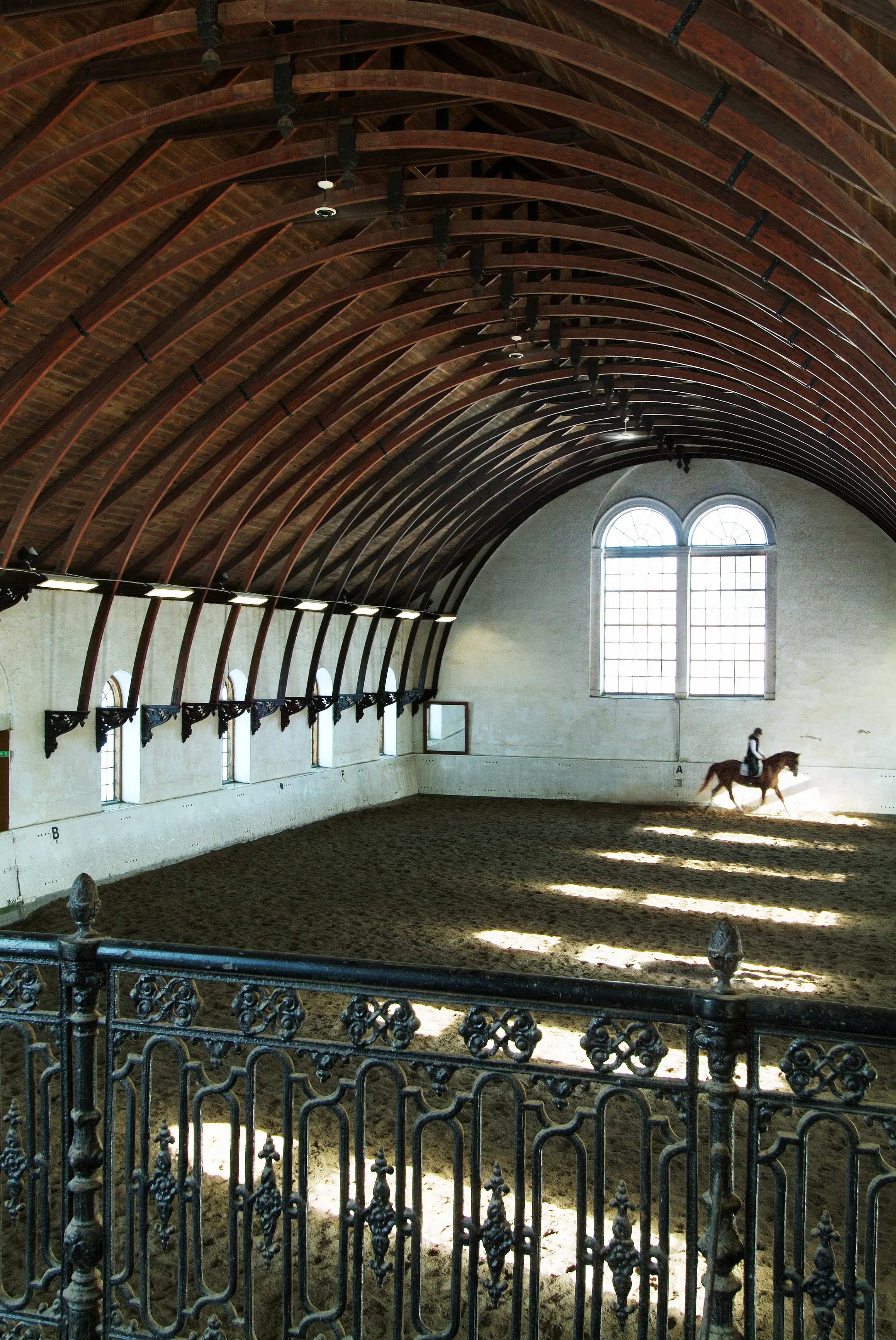 Ett välvt ridhus, en ryttare med sin häst på sandplanen. Taket består av träbjälkar och gjutjärnsdetaljer och i förgrunden står ett dekorativt räcke av gjutjärn.